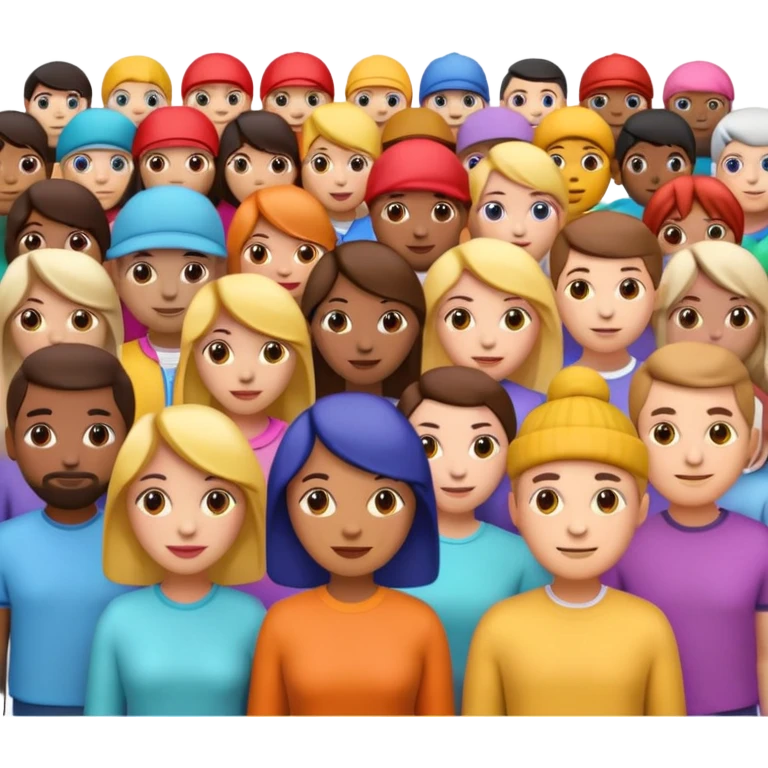 3D iPhone style emoji of a crowd of people, diverse individuals standing close together, colorful clothing, isolated on white background, soft shadows, high detail, playful and cute. emoji