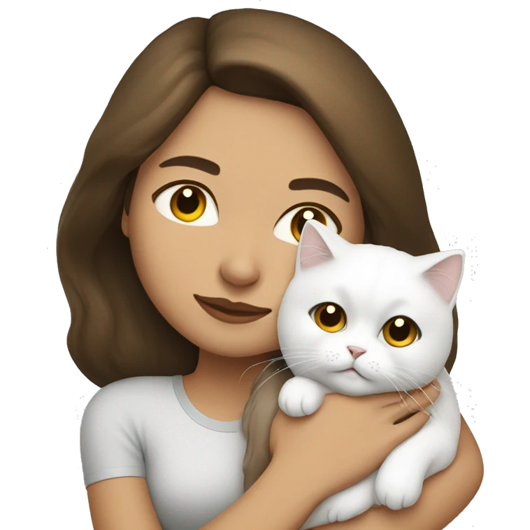 Brunette woman snuggling white Persian cat emoji