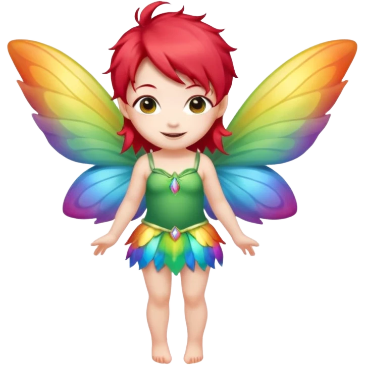 fairy with red hair, rainbow wings, happy, chibi full body emoji