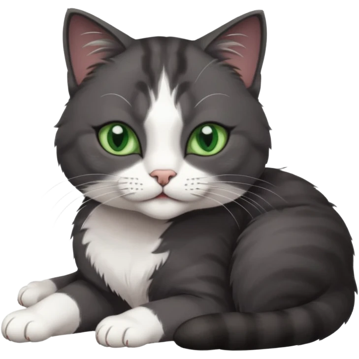 beautiful female solid dark grey cat with green eyes, white toes/paws and white patch on her chest lying down emoji
