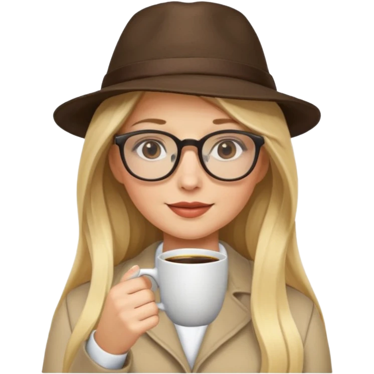 long hair blonde woman drink coffe with hat and glasses emoji