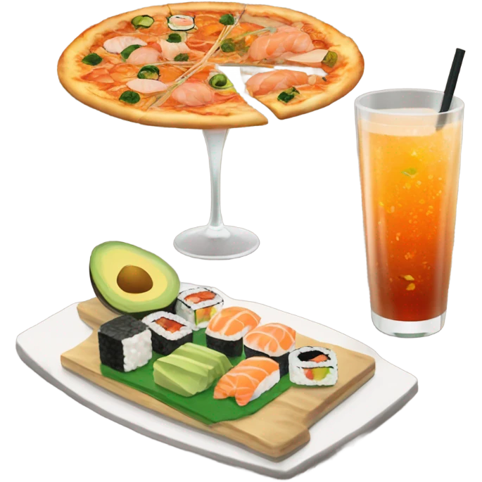 pizza with sushi and a drink emoji
