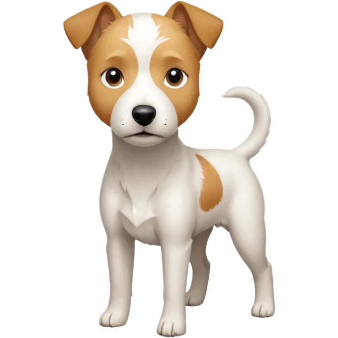 a full body facing front on of a buff white parson russell terrier looking dog the size of a kelpie with light brown long ears and a light brown patch on one eye and a large snout. the rest of the dog is completely white.  emoji