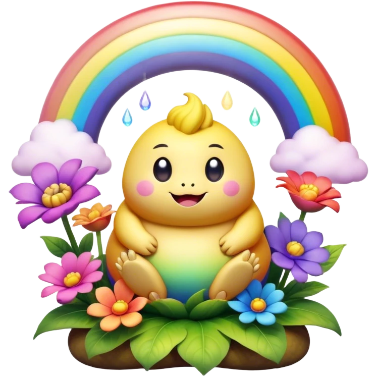 3D, Kawaii derpy fat rainbow monster sitting in a magical rainbow hued flower, rich textures, visually detailed, so lifelike that it feels like it could leap off the page at any moment emoji