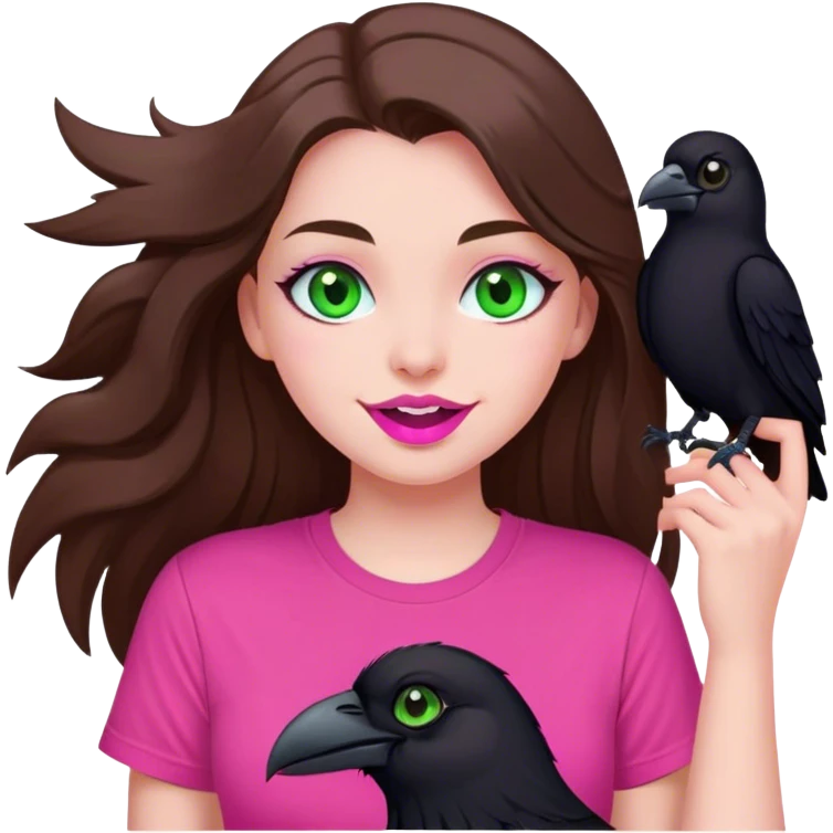 mid sized white skinned girl with green eyes and long brown hair holding a nice black raven smiling maniacally in a pink t-shirt with pink lips emoji