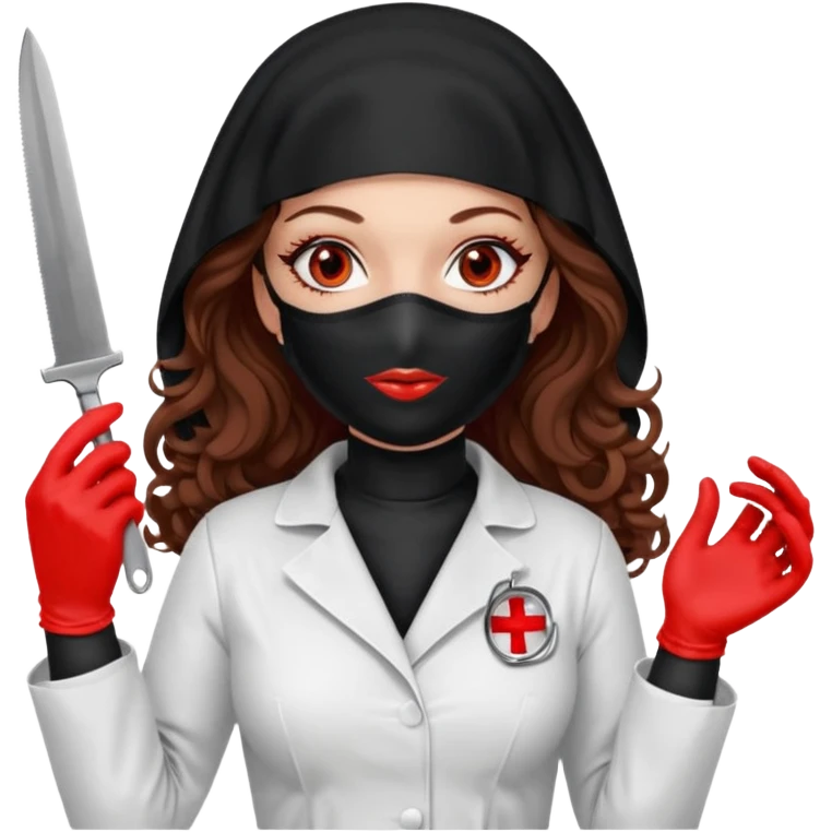 


Scary woman scalpel in hand, evil surgeon sexy surgeon clothes.  She has redcolored  eyes. Her  hair only is free ne brown long curly hair. Wears sexy doctor outfit with red gloves. make her wear full Muslim burka to mask and nose mouth mask  to hide. Wears white surgeon coat, wears  stilettos emoji