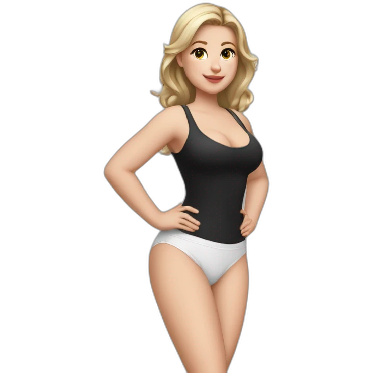 Front view full body curvy caucasian beauty sitting straight hands up black skirt white knickers white socks emoji