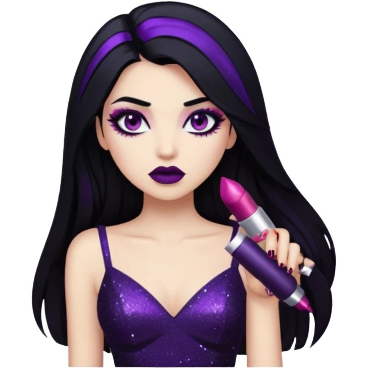 edgy girl with long black hair, glittery black dress, purple makeup, dark red lipstick emoji