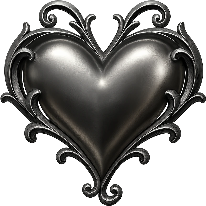 black gothic heart, ornate, dark, elegant, chrome finish emoji