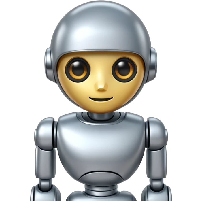 A cute futuristic robot emoji made of silver chrome, rounded friendly body, minimal facial features, glossy metallic surface, soft reflections, iOS emoji style, centered, clean white background emoji