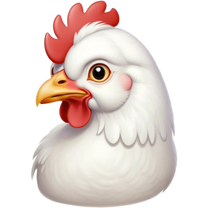 Cinematic Noble White Chicken Portrait Emoji, Poised and regal, with a compact, sturdy build and a pristine, well-groomed pure white plumage, deep-set soulful beady eyes, Simplified yet sharp and sophisticated features, highly detailed, glowing with a soft, dignified glow, high shine, intelligent and alert, stylized with an air of barnyard elegance, focused and attentive, soft glowing outline, capturing the essence of a watchful and confident fowl, so majestic it feels as though it could strut out of the screen with effortless authority! emoji