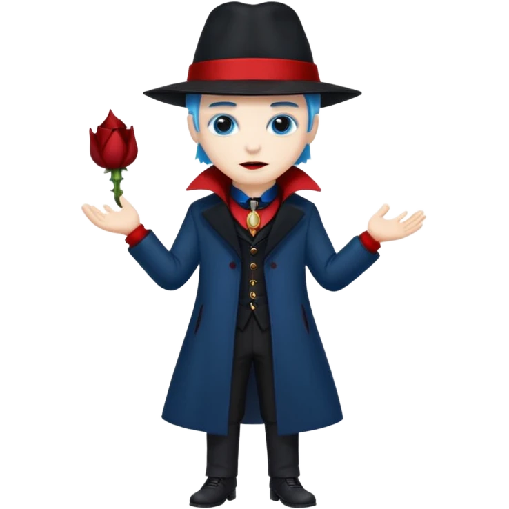Vampire with blue hat,black coat with read collared ,full body. emoji