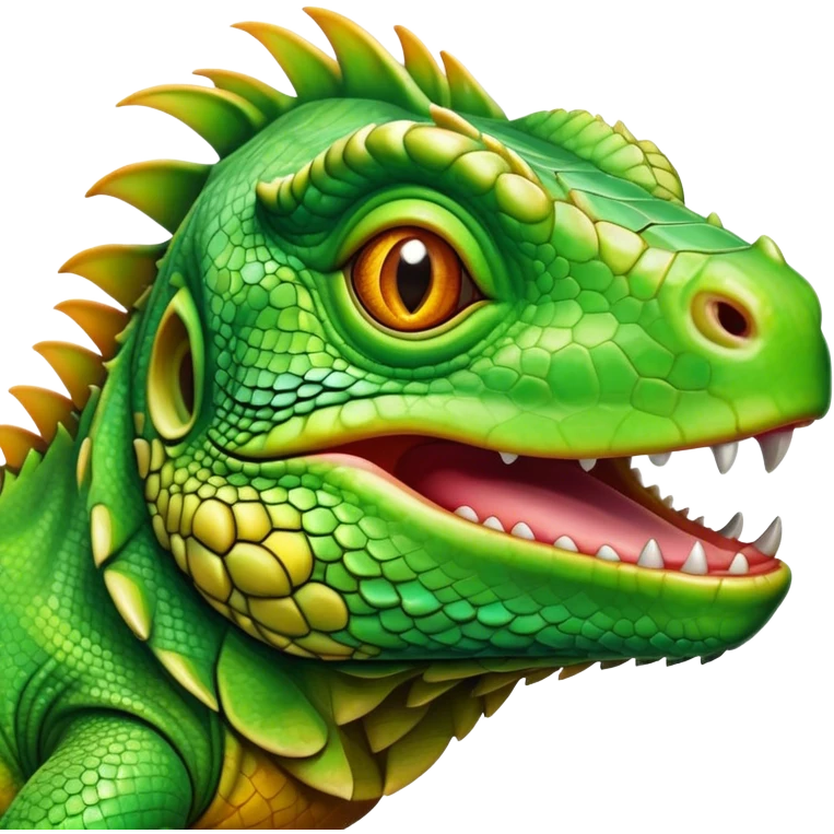 Cinematic Realistic Comical Iguana Portrait Emoji, Head tilted dramatically with an exaggeratedly amused expression, featuring a striking, glossy green-scaled body with bold natural textures and wide, expressive amber eyes brimming with playful disbelief, rendered with lifelike clarity and vibrant hues, high shine, dramatic yet playful, styled with an air of cheeky tropical mischief, soft glowing outline, capturing the essence of a spirited and over‐the‐top iguana that looks ready to charm its way into viral fame! emoji