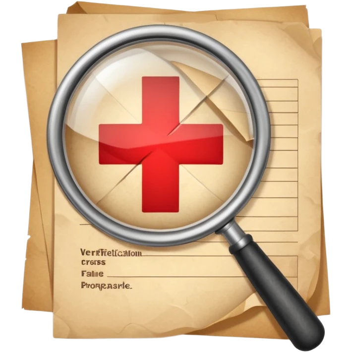 Emoji-style illustration of a paper with a magnifying glass showing a red cross, symbolizing verification failure or fake paperwork. Cute, professional, informative design emoji