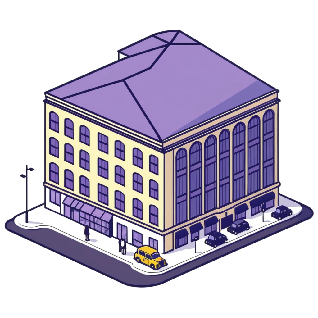 Isometric Marks & Spencer food hall building exterior with typical British architecture, covered entrance, and car park with black London taxi emoji