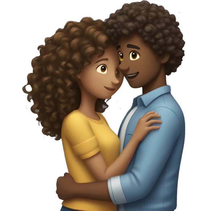 Curly haired girl and brunette tall boy hugging emoji