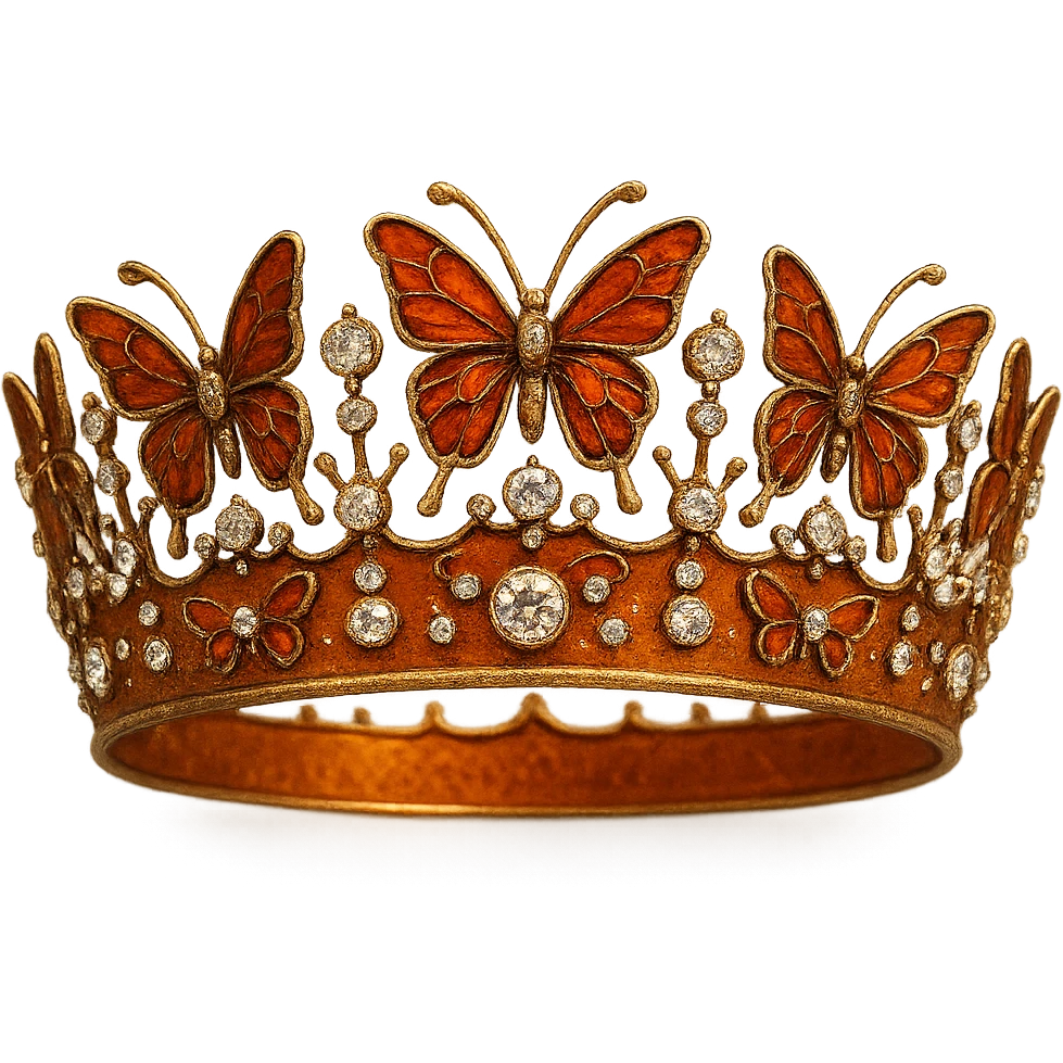 butterfly crown with a burnt orange base, butterflies in deep orange enamel, sparkling gems emoji