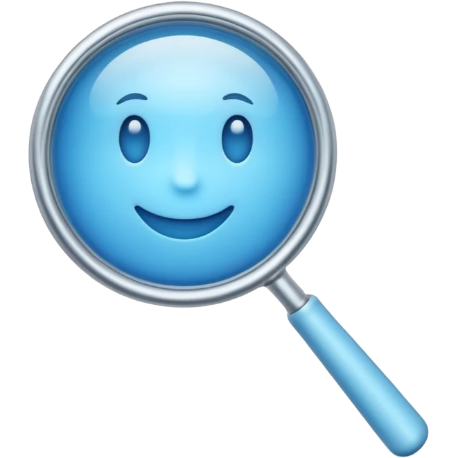 A 3D emoji-style magnifying glass, smooth rounded shapes, soft gradient blue ring, glossy plastic material, subtle highlights and reflections, simple minimal design, pastel blue color, slightly thick proportions, soft lighting, clean white background, modern emoji aesthetic, centered composition emoji