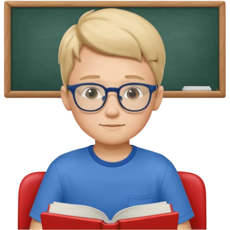 Boy with glasses sitting at school reading with his back to the camera emoji