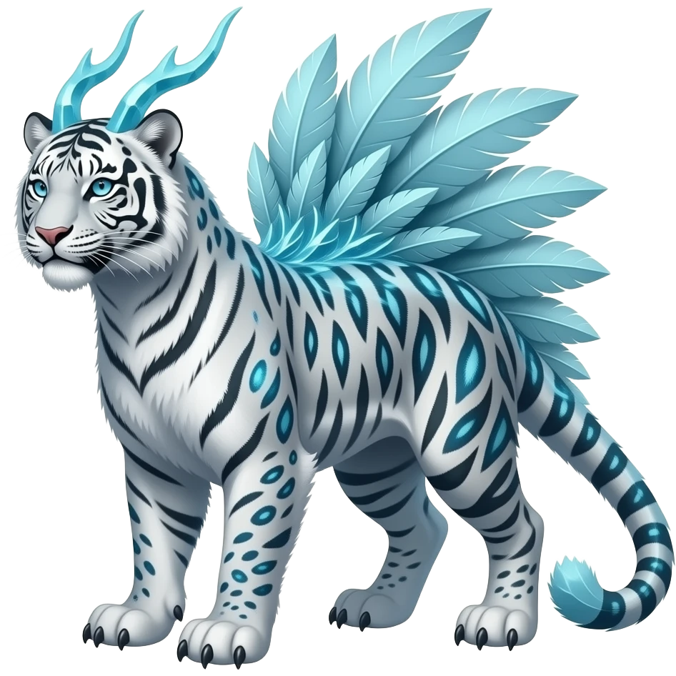 Realistic tribal-patterned elemental magical mysterious mystical snowy icy furry fuzzy fluffy Shiny futuristic feathery beautiful gorgeous snow-leopard-Sabretooth-tiger-velociraptor-Absol-Charizard-Hybrid emoji