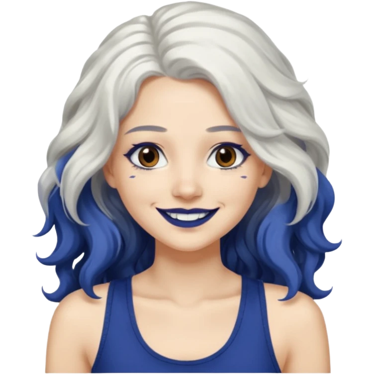 woman with wavy long white hair and brown eyes. She has dark blue lipstick. smiling in a grunge tanktop emoji