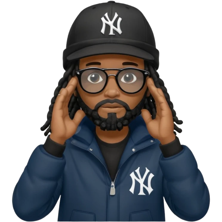 African American man with shoulder length black dreadlocks with black beard wearing black sunglasses with black bubble winter coat wearing a New York Yankees baseball hat with his hands on top of head in thinking position emoji