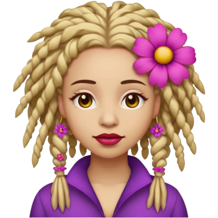 Gold dread locs pink emoji face purple flower in the hair red lipstick emoji