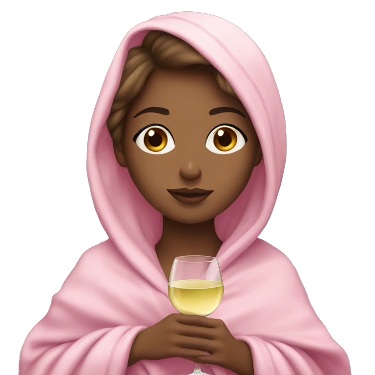 a girl with light skin and brunette hair and a glass of white wine wrapped in a pink blanket emoji