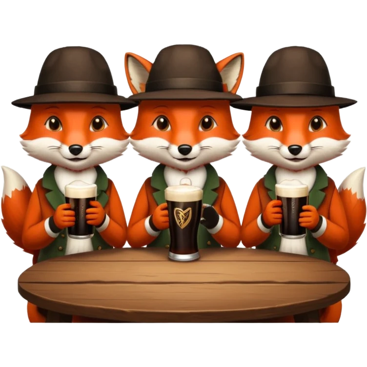Three foxes sitting at a round table drinking Guinness emoji