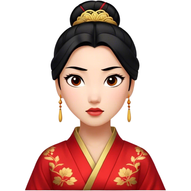 Cinematic Realistic Majestic Mulan Portrait, featuring finely rendered light skin with natural luminescence and expressive, determined eyes. Her black hair is styled with care into an elegant bun, and every fold of her traditional robe—adorned with subtle red motifs and refined gold trim—is depicted with intricate fabric detail. The scene is bathed in soft, natural light that enhances the depth and authenticity of the image, conveying a noble and serene aura that embodies timeless elegance and inner fortitude. emoji