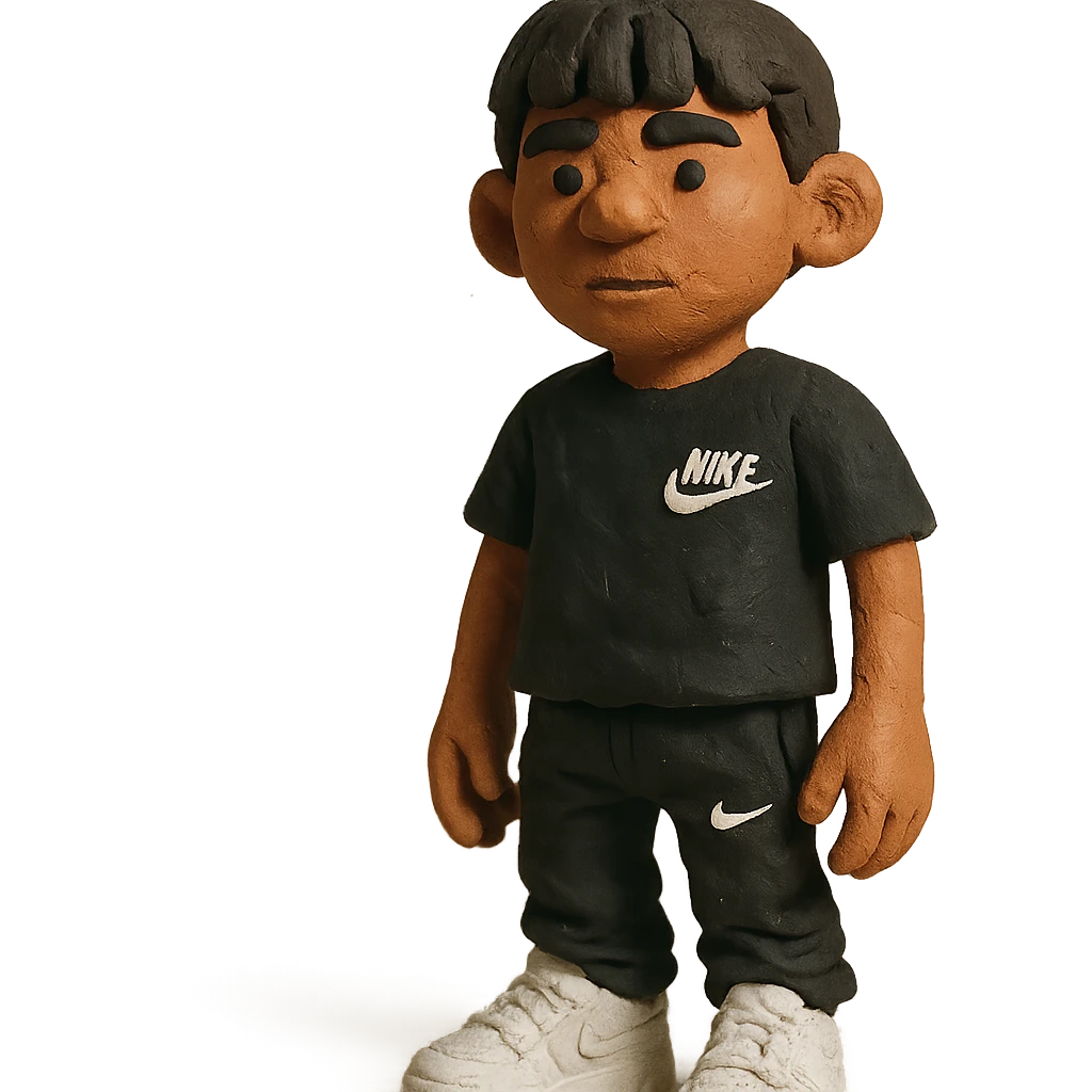 chico moreno cartoon with eyebrow-length bangs, wearing a black Nike t-shirt, black Nike pants lowered, white Dior sneakers, urban flow emoji