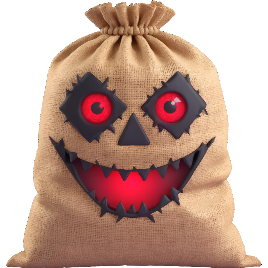 terrifying burlap sack face with jagged stitches and glowing red eyes emoji