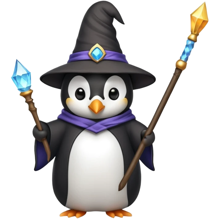 penguin wearing a wizard hat and robe, holding a magic wand emoji
