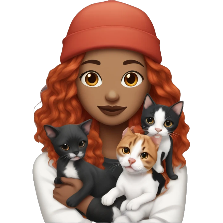 Long Red haired woman in beanie with septum piercing holding black and white English Staffordshire puppy and tabby cat emoji