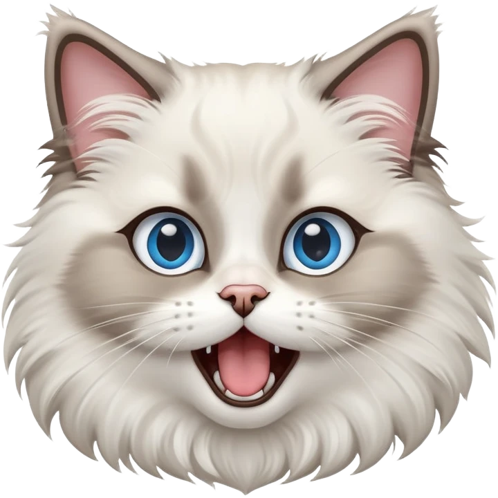 cinematic-adorable-big-eyed-fluffy-ragdoll-cat-portrait-emoji,-head-tilted-playfully-with-a-cute,-exaggerated-yawn,-white and grey fur,-simplified-yet-irresistibly-cute-features, blue eyes emoji
