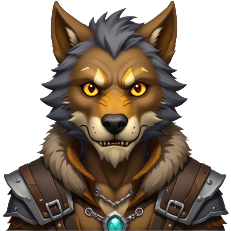 Cinematic Realistic WoW Worgen Portrait, head tilted epicly and inquisitively, showcasing the striking fusion of human intellect and beastly ferocity. His rugged fur and tanned skin, accented by piercing amber eyes and meticulously rendered worn leather garments, are bathed in dynamic lighting, high shine, epic and awe-inspiring, capturing the relentless spirit of a worgen at the apex of his power. emoji