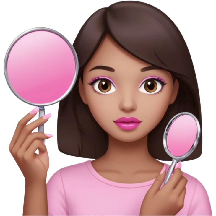 A dark brown hair beautiful eyes medium skin tone of girl carrying a pink mirror to her self and have lip stick on one of her hand look like pink pastel the packaging similar to Rhode lip  emoji