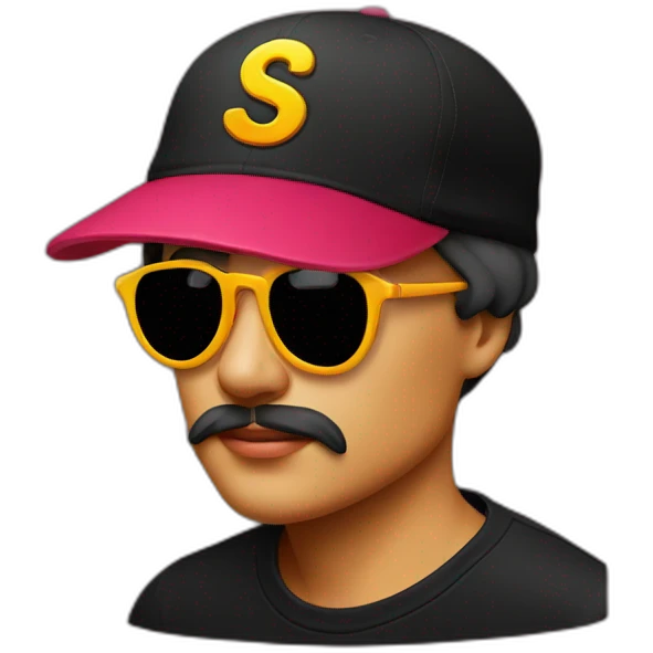 designer graphic with vintage hat has an S letter patched on the front, with cool black tshirt with colorful graphic emoji