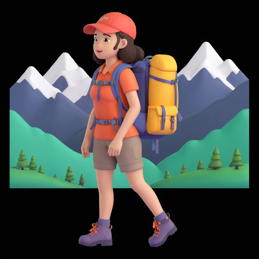 portrait of girl back packing mountains in background, close up pose emoji
