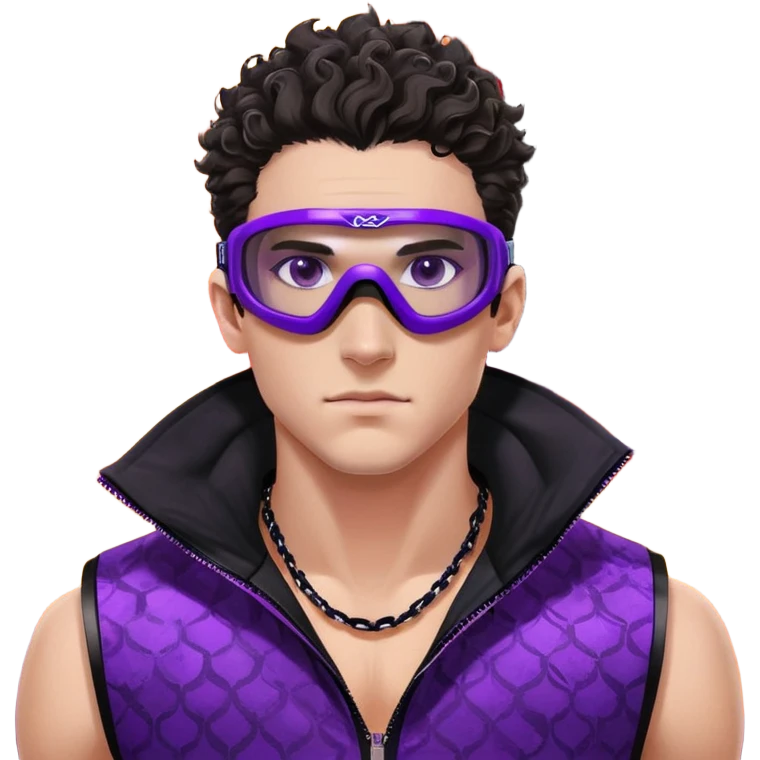 close-up of bad guy male athlete with white skin and moderately curly dark brown hair on top with shaved sides, wearing ski goggles with purple frames and very dark black lenses, a simple plain black chain necklace, and a completely unzipped sleeveless vest with purple and black sequin fire pattern design with no logo, with an extremely arrogant sneer on his face, looking menacing and villainous, exuding overconfidence and a threatening aura emoji