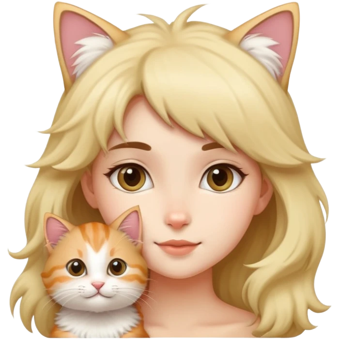 There's a fluffy kitten on a girl's head, its tail wagging gently. emoji