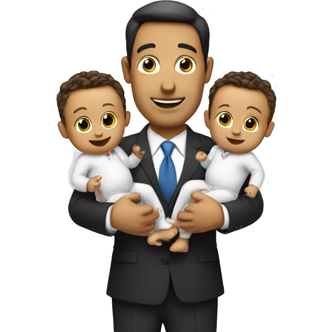 a businessman holding two babies, one in each arm. He has dollar signs in his eyes emoji