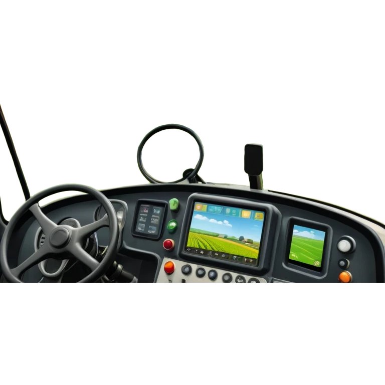 a view from the tractor cabin, with the dashboard in focus, overlooking a vibrant rural landscape. Inspired by Farming Simulator 22, the scene includes fields, crops, and distant barns under a bright sky. The design highlights the immersive experience of farm management. transparent background emoji