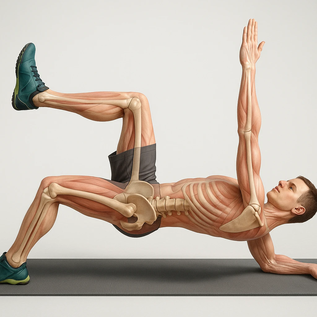 Anatomically hyperrealistic 4K depiction of a man in dead bug position, variant with opposite arm and leg raised higher, highlighting pelvis and spine bones, translucent muscles and skin, medical atmosphere. emoji