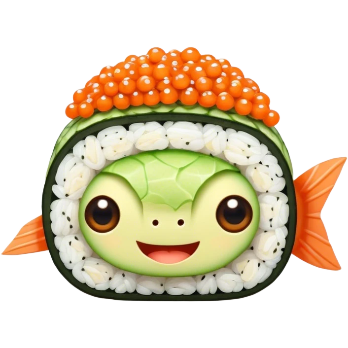 Cute Kawaii California Roll, tiny and round, cute layers of avocado, crab, and cucumber, wrapped in bright orange fish roe, a joyful winking face, tiny sesame seed freckles! emoji