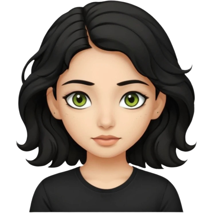 a pretty FAIR indian bratz girl with wavy black hair, wearing a black tshirt. eyeliner on, olive green eyes.  emoji