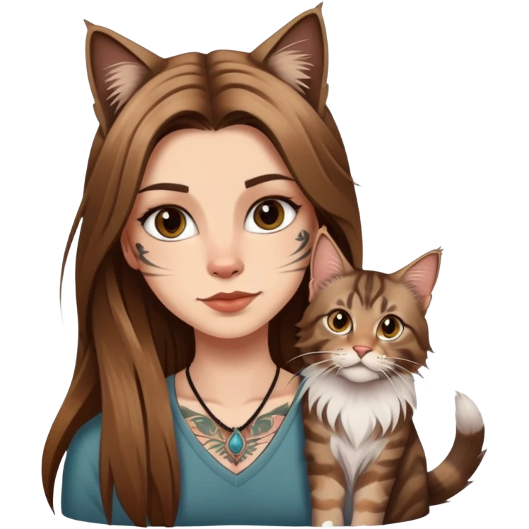 white girl with long brown  straight hair and tattoos and a tabby Maine coon cat emoji