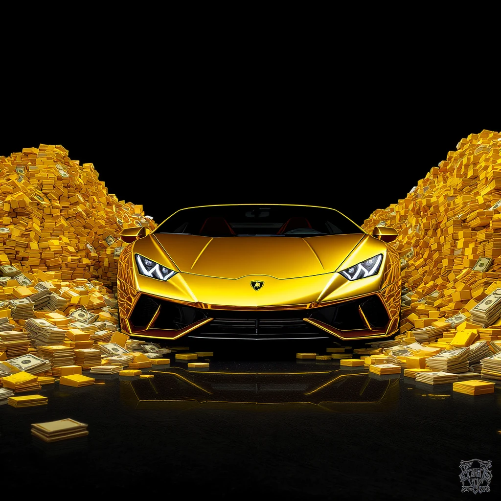 GTA V art style, digital paint, gold lamborghini huracan standing between a lot of gold and money , symmetrical, black solid color background, studio, low angle emoji
