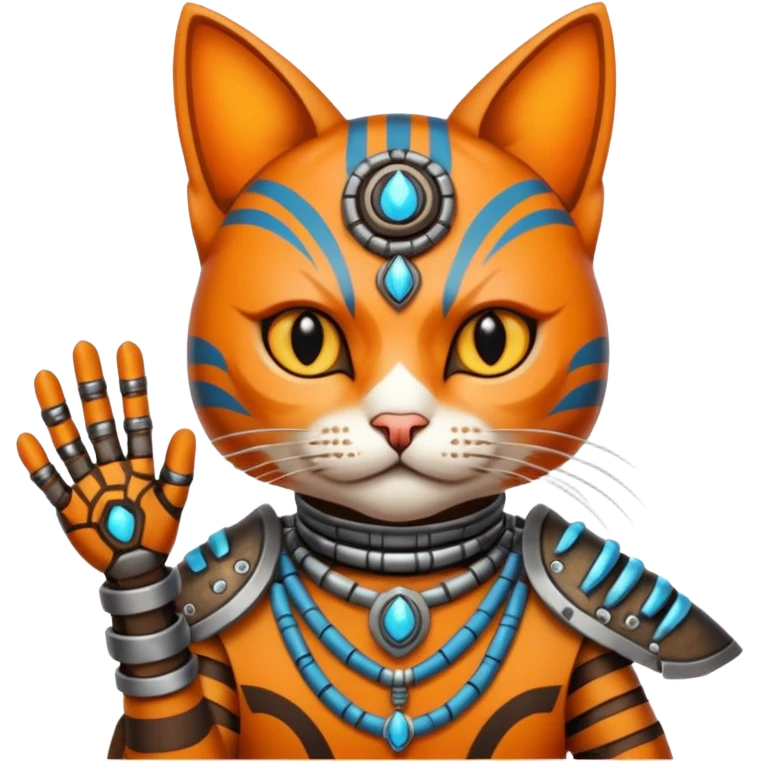 cat, wear tribal shaman cloth, hand cyberborg emoji