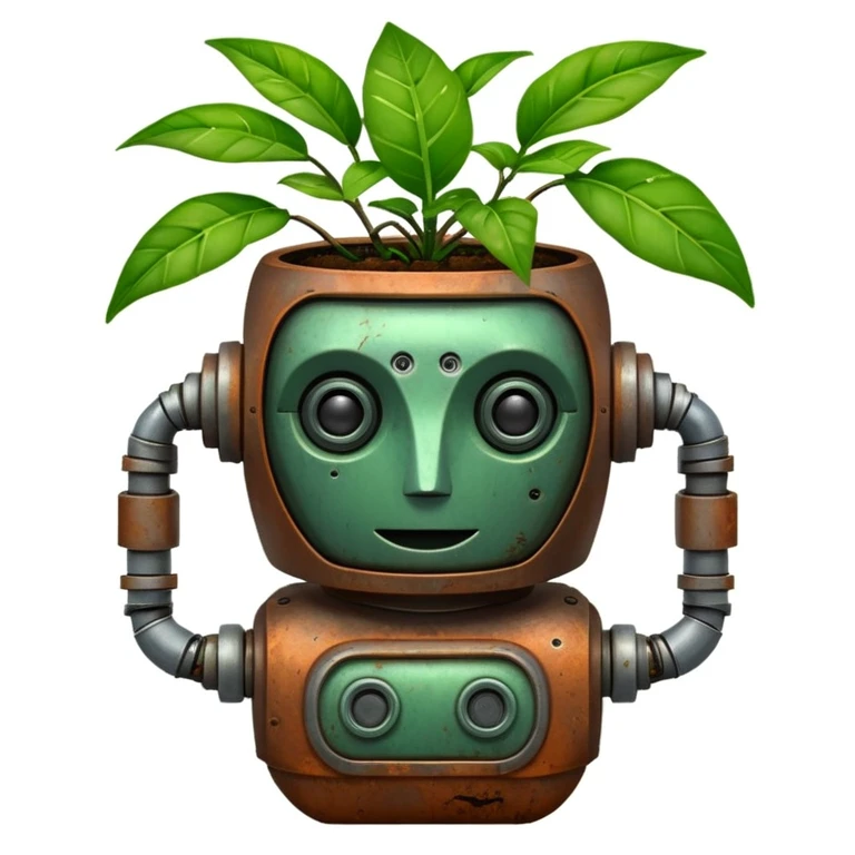 potted plant with a robotic face emoji